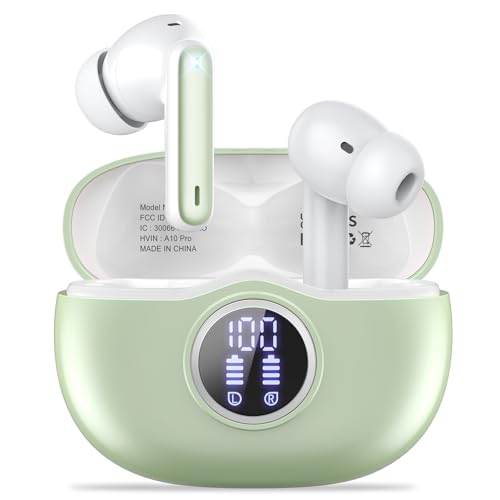 Image of Wireless Earbuds, Bluetooth 5.3 Headphones HiFi Stereo 50H Playback LED Digital Display Ear Buds with ENC Noise Canceling Headset, IPX7 Waterproof Earphones for Gym /Running /Work (Light Green)