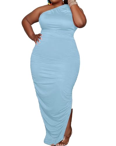 Image of Womens Sexy Plus Size One Off Shoulder Sleeveless Bodycon Ruched Evening Pencil Party Maxi Dresss