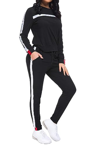 Kansoon Womens Stripe Patchwork Long Sleeve Sweatshirt Tops And Long Sweatpants Two Piece Tracksuit Outfits, Black, X-Large #TOP4