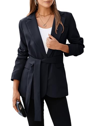 Happy Sailed Womens Fashion Belted Blazer Open Front Long Sleeve Office Blazers Bussiness Casual Jackets Work Suit with Pockets Black Large