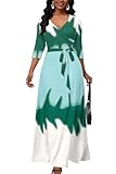 AOMONI Womens Maxi Dress Gradient Long Casual V Neck 3/4 Sleeves Sundresses with Belt Blue Green White L