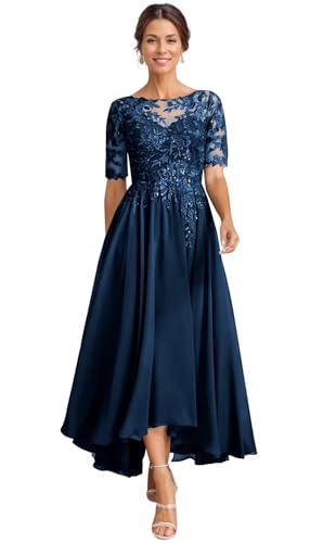 Tea Length Mother of The Bride Dresses for Wedding Sequin Lace Formal Evening Dress with Pockets JH016