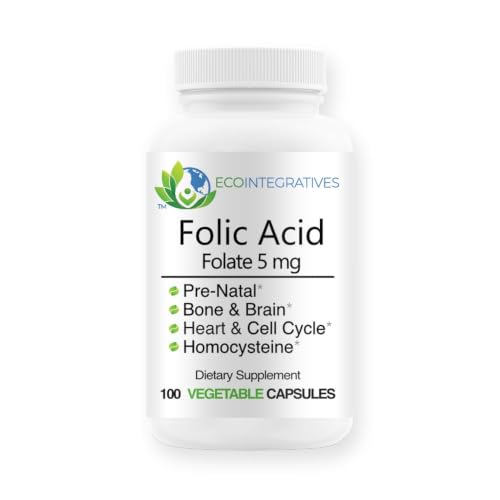 EcoIntegratives Folic Acid 5mg (Vitamin B9) 100 Vegan Capsules High Strength Folate Supplement Allergen Free Non-GMO