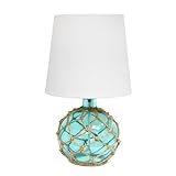 Elegant Designs LT1050-AQU Buoy Rope Nautical Netted Coastal Ocean Sea Glass Table Lamp with White Fabric Shade, Aqua
