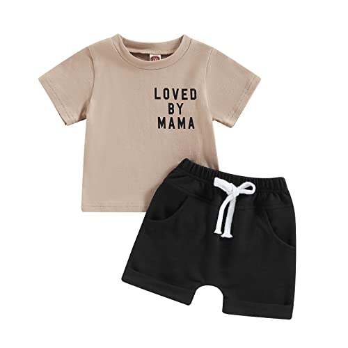 Image of Infant Baby Boy 2Pcs Outfits Letter Print Short Sleeve T-Shirt Tops Shorts Set Toddler Summer Clothes (Khaki, 6-12 Months)