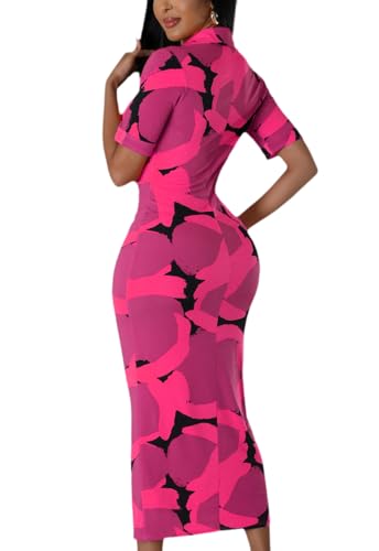 Image of ZERMOM Women's Button Down Shirt Dress Short Sleeve Print Collar V Neck Summer Bodycon Midi Dresses