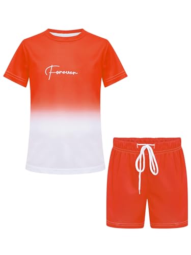 Boys Athletic Quick Dry Shorts Set Gradient Short Sleeve T-shirt 2 Piece Outfit with Pockets Sports Set Orange 7-8 Years3