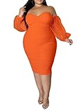 EDITCOZY Women Plus Size Off Shoulder Mesh Long Sleeve Bodycon Club Cocktail Ruched Midi Dress Orange 4XL