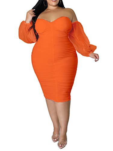 Image of EDITCOZY Women Plus Size Dresses Curvy Off Shoulder Long Sleeve Cocktail Wedding Guest Bodycon Club Midi Dress