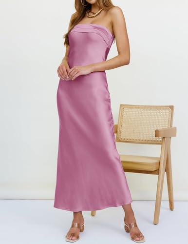 Image of MEROKEETY Women's Summer Satin Strapless Bodycon Dress 2026 Backless Tube Wedding Guest Cocktail Formal Party Maxi Dresses