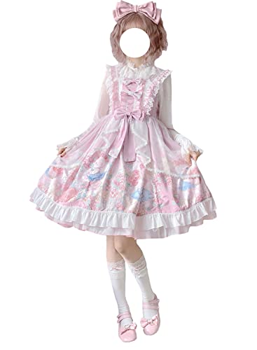 Vestido Lolita para niñas, bonito estampado de conejo, con lazo, sin mangas, vestido de estilo japonés, acampanado, vestido de fiesta de princesa, rosa, 38