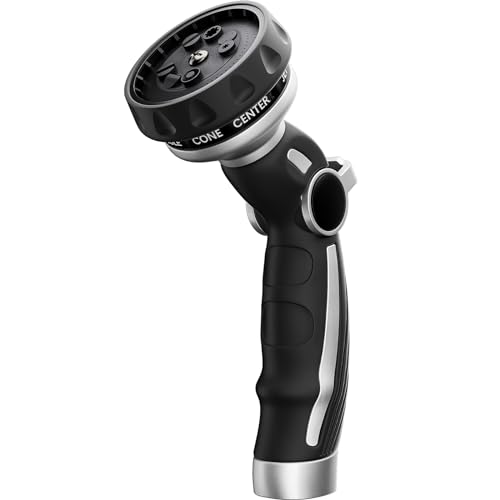 Image of RESTMO Hose Nozzle Heavy Duty, Metal Water Hose Sprayer for Garden | 9 Spray Patterns, High Pressure, Thumb Flow Control, On /Off Valve, Ideal for Outdoor Lawn & Plant, Car & Pet, Silver
