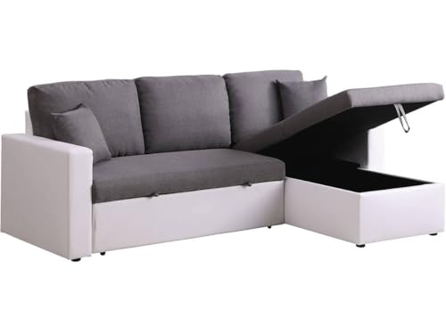 Habitat et Jardin - Canapé d'angle Convertible et Réversible Alain 3 Places Blanc et Gris - Canapé Lit Moderne en Tissu Lin - Espace de Stockage...