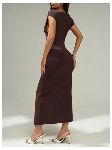 Floerns Women's Asymmetrical Wrap Dress Metal Ruched Cap Sleeve Bodycon Midi Dresses3