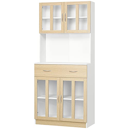 HOMCOM Buffet de Cuisine Armoire de Cuisine Multi-Rangement 4 Portes vitrine Verre avec étagère tiroir Coulissant Grand Plateau Panneaux Particules Blanc Aspect chêne Clair