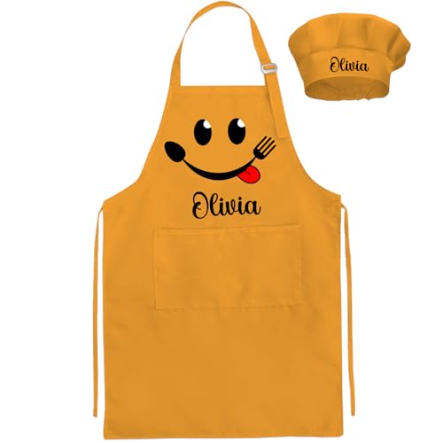 Backquik Juego de delantal y gorro de chef personalizado para niños con nombre, para niñas, niños, jugar, pintar, cocinar, manualidades, Naranja, Medium/Large