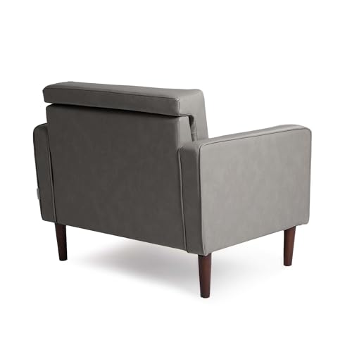 Image of Faux Leahter Accent Chair, Comfy Upholstered Armchairs for Living Room, Modern Bedroom Reading Seat with 2 Bolster Pillows, Dark Gray