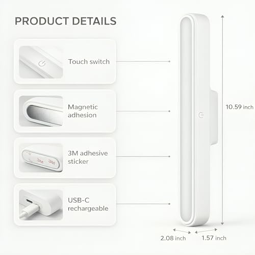 Image of Dwiza Enterprise USB Rechargeable Magnetic Cabinet Light | LED Under Cabinet Lamp with 3-Color Dimmable Modes, Adjustable Brightness, 2000mAh Battery & 1 Magnetic Holders | 30cm