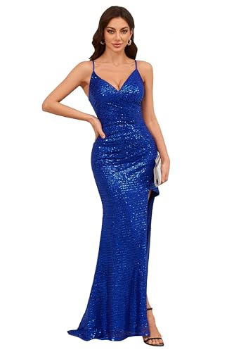 Image of Women's Long Sequin V-Neck Mermaid Formal Dress Backless Slit Sparkly Glitter Cocktail Dresses Ruched Prom Dress