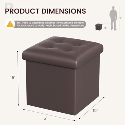 Image of AR Mall 15 Inches Storage Ottoman Cube, Foldable Storage Boxes Footrest Step Stool, Padded Seat for Dorm Living Room Laundry Storage Space, Bed Storage Seat, Toys Storage (38X38X38 CM) (BROWN LEATHER)