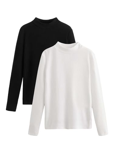 Verdusa Girl's 2 Pack Casual Basic Long Sleeve Mock Neck Ribbed Tee Shirt Top