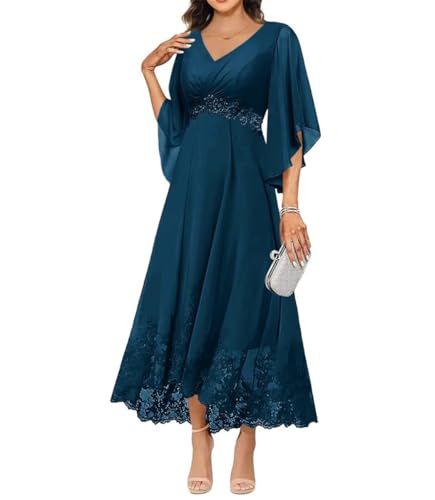 Robe de mère de la mariée manches 3/4 col en V pour soirée formelle
