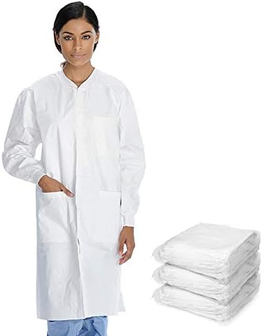 AMZ Unisex White Lab Coats, Polypropylene Disposable Lab Gowns, 40 GSM Disposable Lab Coats with Elastic Pockets and Collar