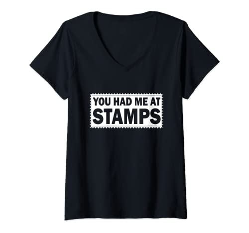 Mujer Ventilador de colección de sellos de valor histórico You Had Me At Stamps Camiseta Cuello V