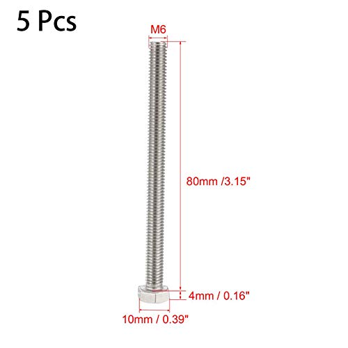 Image of 5 Pcs M6 Hex Bolt M6-1 x 80mm UNC Hex Head Screw Bolts A2-70(304) Stainless Steel Fully Threaded Hex Tap Bolts,Plain Finish,Fully Threaded (M6 x 80mm)