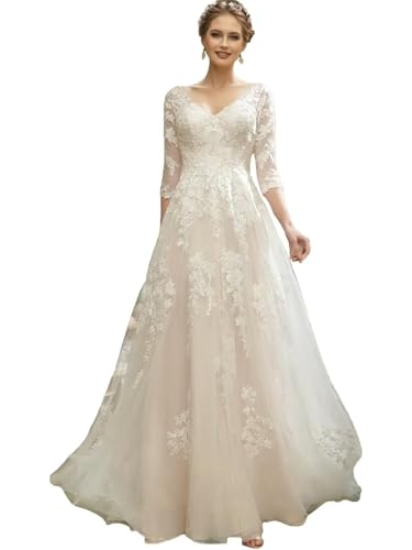 Ivory Tulle Lace Wedding Dresses for Bride Long Sleeve Long Appliques Vintage Wedding Dresses for Women with Train US12