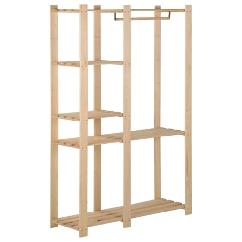 Kaloriko Porte Manteau en Bois de pin Massif 110 x 38 x 170 cm, avec 5 étagères, penderie et kit Anti basculement pour Chambre, Dressing, Placard, Organiseur...