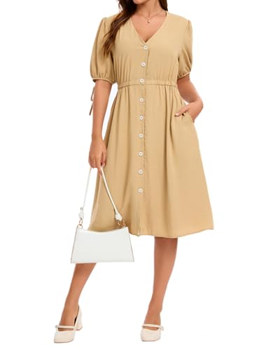 Image of Women Linen Rayon Blend Midi V Neck Button Front Elastic Waist Puff Sleeve Tie Casual Summer Dress