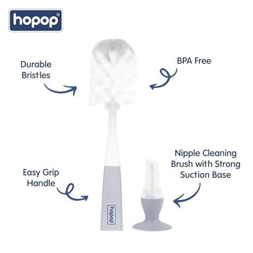 Image of Hopop Baby Feeding Bottle Cleaning Brush & Nipple Cleaner |2 in 1 Flexible Bristle Bottle Brush | Grooved Handle with Suction Base | Easy to Clean Narrow & Wide Neck Feeding Bottles | Grey