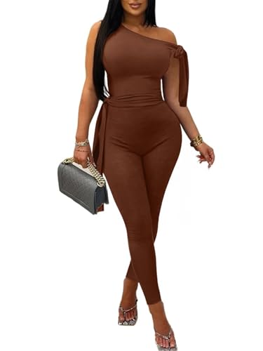 Sexy One Off Shoulder Jumpsuit for Women Sleeveless Long Bodycon Rompers Club Party Outfits Coffee S