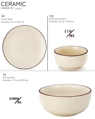 Image of Bodhi House Solid Handcrafted Stoneware Ceramic Dinner Set, Dish Set Serving, Microwave and Dishwasher Safe, Bone-ash Free, Crockery Set for Dining and Gifting (Off-WHT, Pack of 20 (6F+12K+2SB))