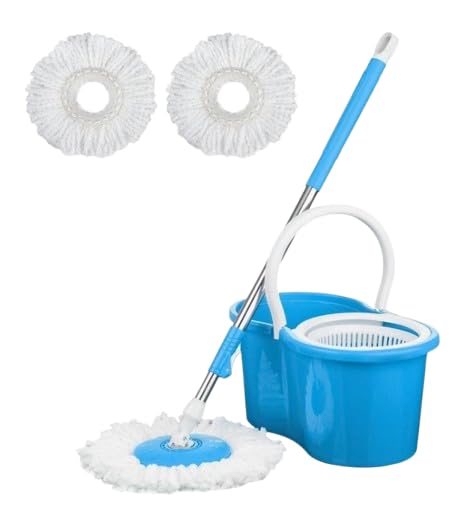 Image of Spin Mop with Big Bucket with 3 Microfiber Refills, Floor Cleaning Mop with Bucket, pocha for Floor Cleaning, Mopping Set (White and Blue)