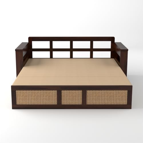 Image of PS DECOR Solid Sheesham Wood 3 Seater Sofa Cums Bed with Cane Panel | Wooden Sofa Bed with Cushioned Seating & Backrest