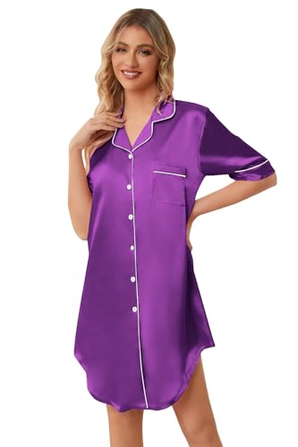 Image of Schbbbta Girls & Women Silk Nightgown, Short Sleeve Button Down Satin Nightshirt Pajama House Dress, 3 Years- Women 2XL