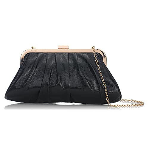 WOO, Black Evening Clutch Bag Shine Bright Metalic PU Crossbody Pleated Bag for Bridal Wedding Birthday Prom Party