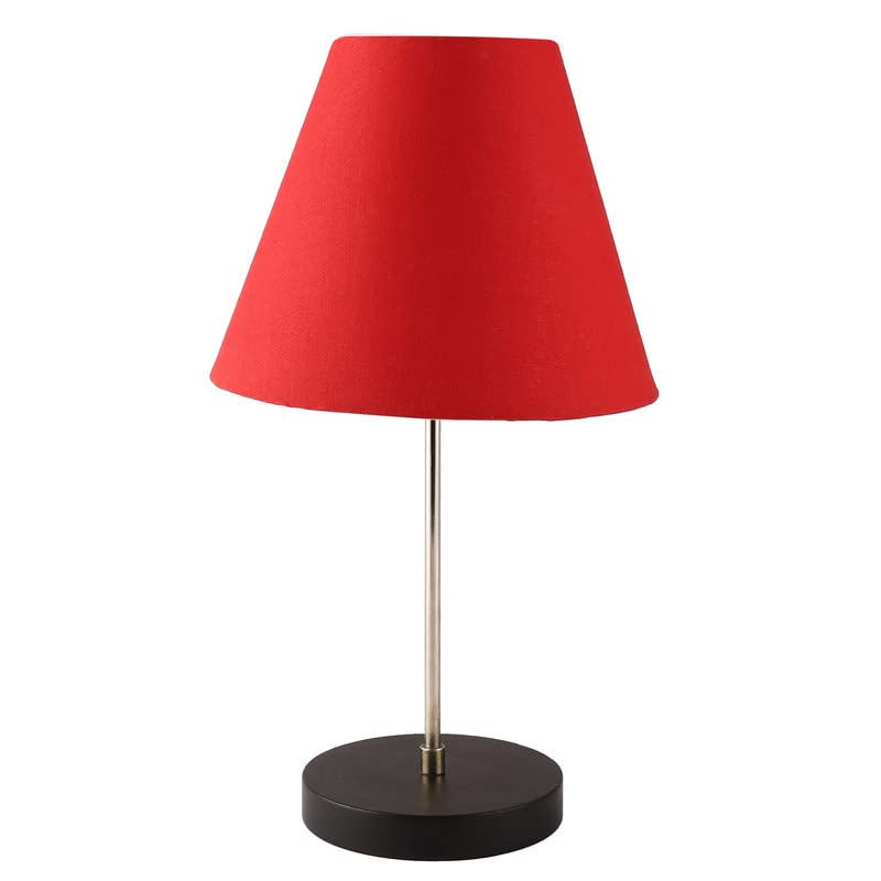 Image of Silver Table Lamp with Handmade Conical Red Shade, Minimalist Design, for Couple Dinner /Coffee Table /Restaurant /Bedroom, On /Off Switch Long Wire