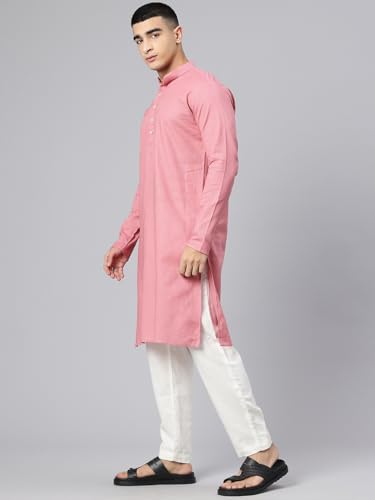 Image of Majestic Man Men's Cotton Regular Fit Casual Mandarin Collar Ethnic Motifs Solid Long Kurta