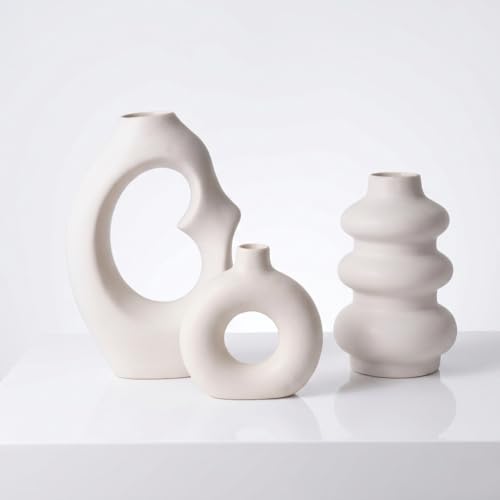 Image of Ceramic Decorative Vase Set of 3 | Modern Nordic Donut Shape Vases | Aesthetic Flower Vase for Home Decoration, Living Room, Office, Shelf Styling | Matte Finish