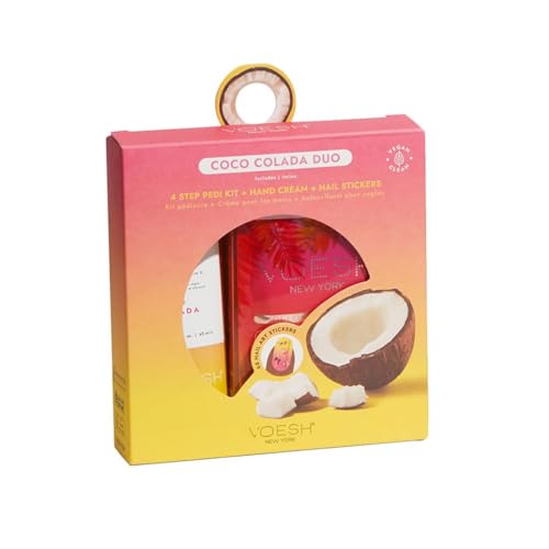 VOESH Coco Colada Duo - Kit Pédicure (Sels, Gommage, Masque, Beurre de Massage), Crème pour le Corps et les Mains, Autocollants pour les Ongles