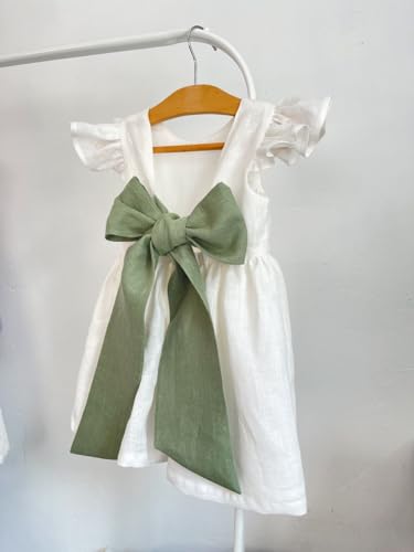 MyLittleDani White linen dress for a little flower girl, crafted from eco-friendly materials, with an elegant bow that can be customized in color. Boho Sage Green Wedding, Vintage Baby Dress3