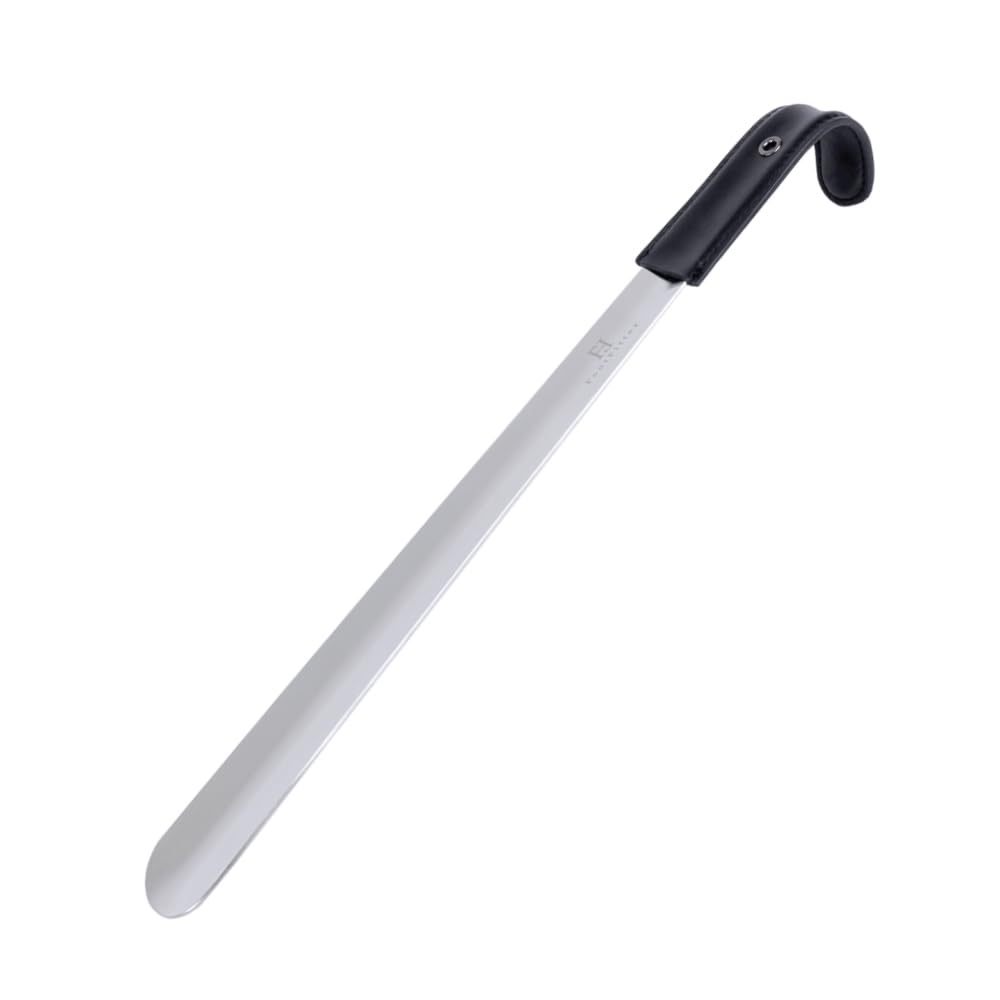 Premium Long Stainless Steel Shoe Horn, 1.8mm Extra Thick, Leather Grip Handle for Easy Shoe Entry & Durability