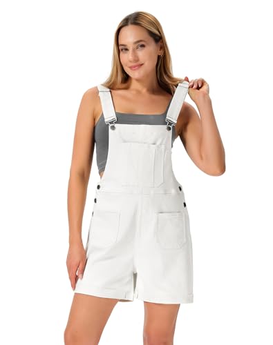 roswear Denim Overall Shorts for Women Stretchy Shortalls with Adjustable Strap Cuffed Hem Linen White Large