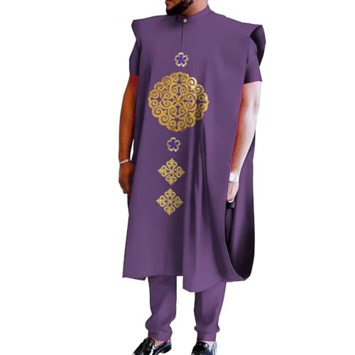 African Clothing for Men Dashiki Agbada Robe Suits Short Sleeve African Outfits Coats Shirts and Pants 3 Piece Set