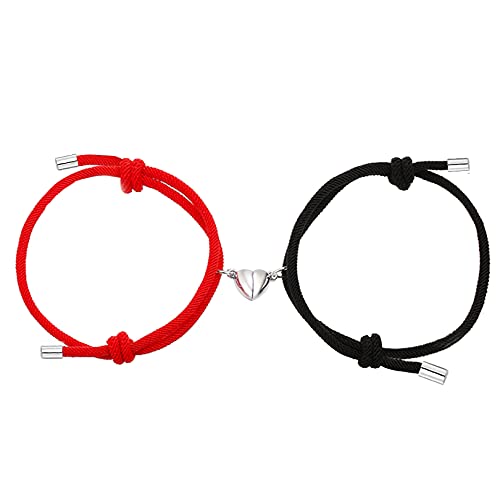 Image of Bsoepnr Couple Magnetic Bracelets, Relationship Bracelet Couple Gifts for Boyfriend Girlfriend Men Women and Your Lover, 2 PCS Mutual Matching Couple Bracelets with Love Heart Pendant(Black&Red)