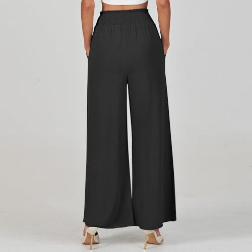 Women's Drawstring Linen Palazzo Pants Summer High Waist Wide Leg Beach Trousers Trendy Lounge Pant with Pockets2