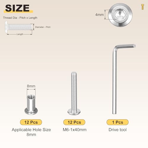 Image of METALLIXITY Furniture Crib Screws Replacement Set with Wrench(M6-1x40mm) 24Pcs, Connector Bolts M6 Screw Barrel Nuts Binding Screws, for Chair Cabinet Bed, Silver